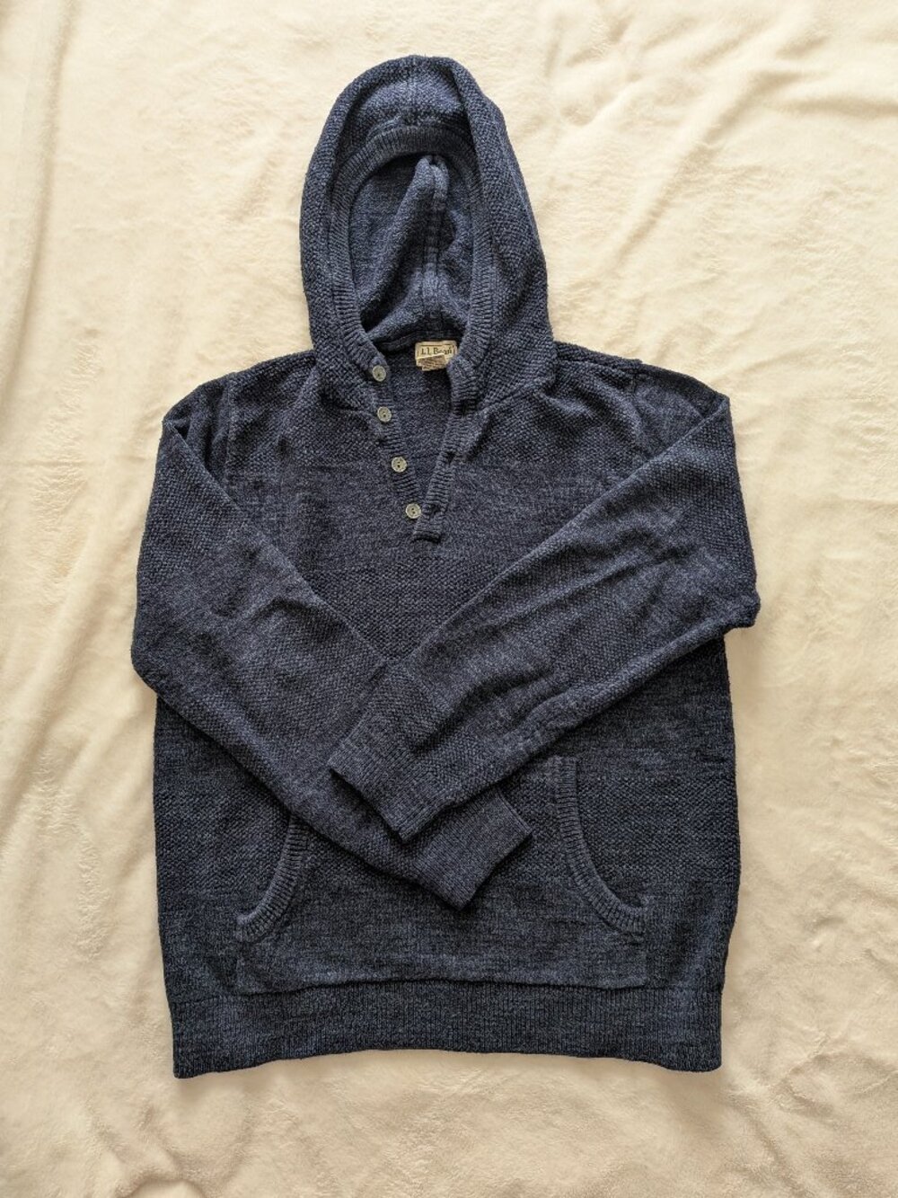 100% Cotton L.L.Bean Men's L Blue Marled Cotton Knit Hooded Sweater Henley